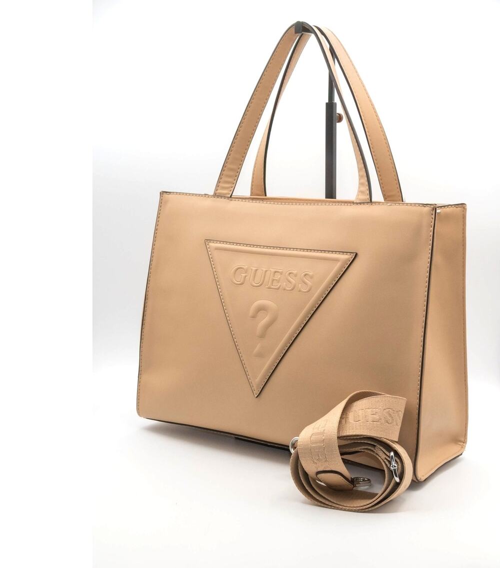 GUESS Panya Convertible Crossbody Bag Latte Tan Large Vegan Leather Tote Purse
